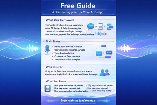 Free guide on Voice AI Design with blue and white design elements