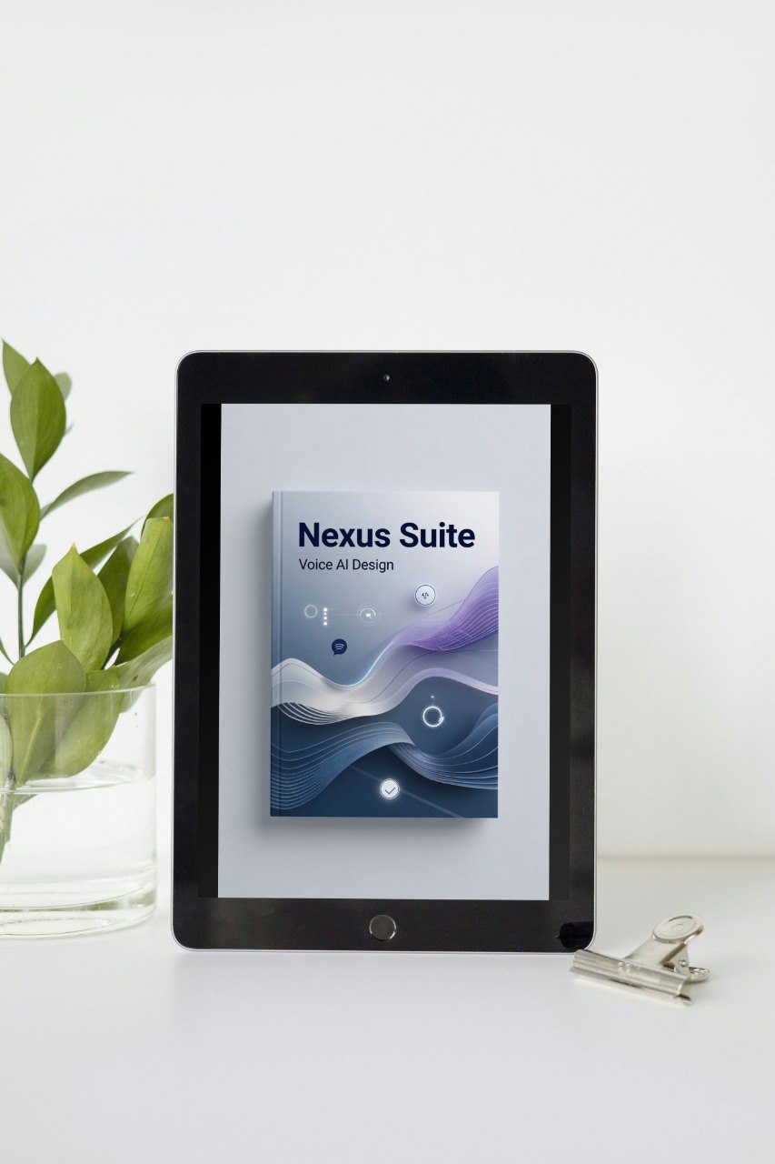 Tablet displaying 'Nexus Suite' on a white surface with a plant in the background