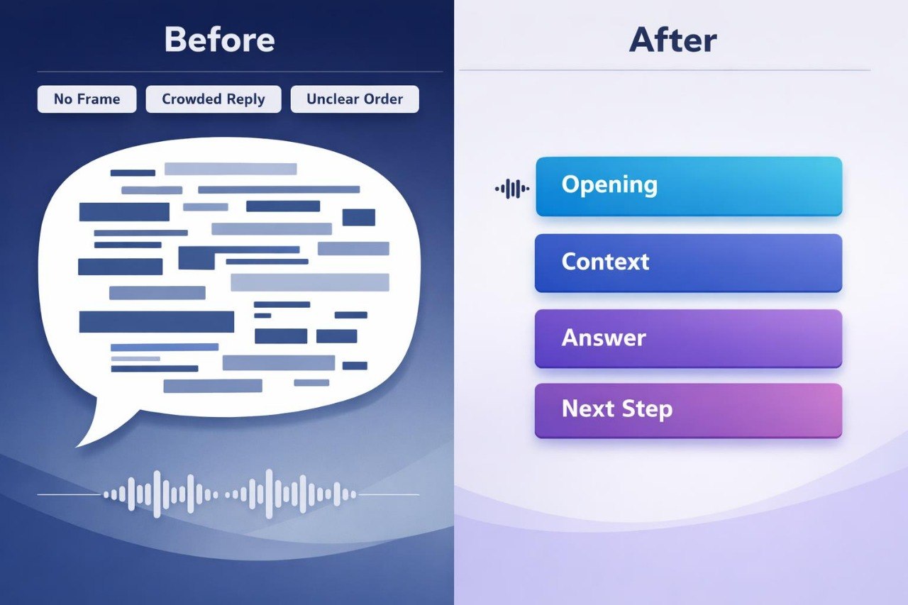 Comparison of text structure before and after restructuring into 'Opening', 'Context', 'Answer', and 'Next Step' categories.