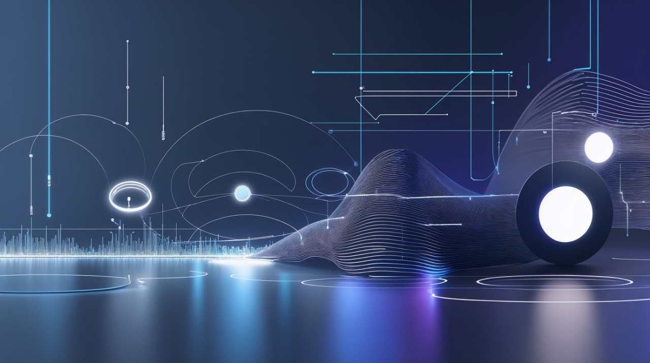 Futuristic vehicle design with abstract lines and lights on a dark background