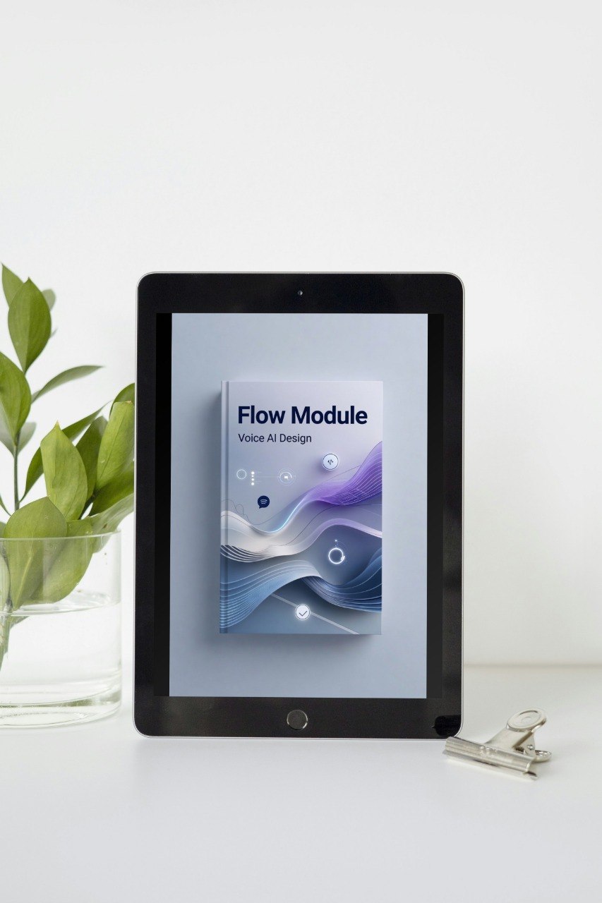 Tablet displaying 'Flow Module' on a white surface with a plant in the background