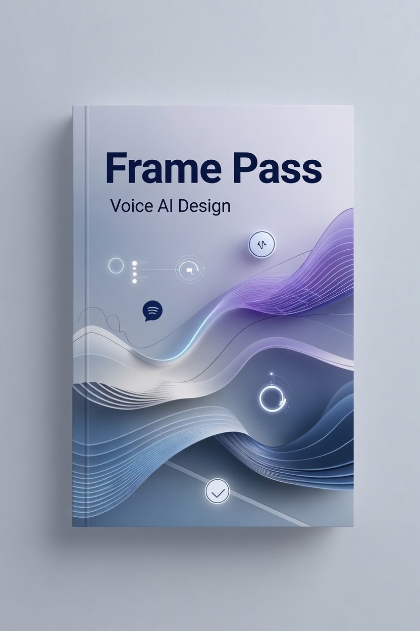 Book titled 'Frame Pass Voice AI Design' with wavy design on a gray background