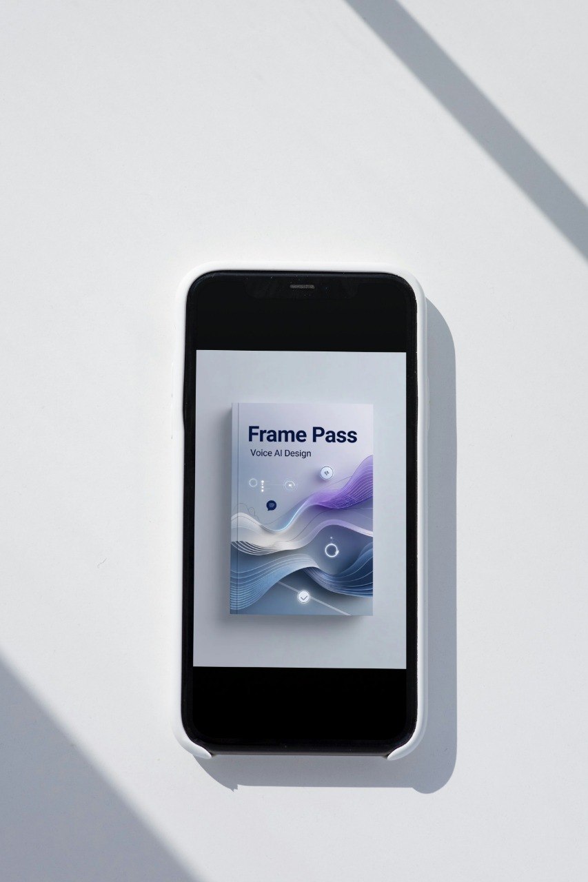 Smartphone displaying a 'Frame Pass' app on a light gray background