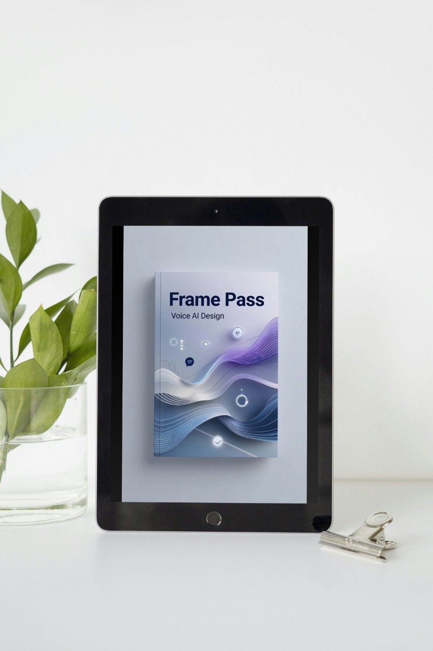 Tablet displaying 'Frame Pass' app on a white surface with a plant in the background