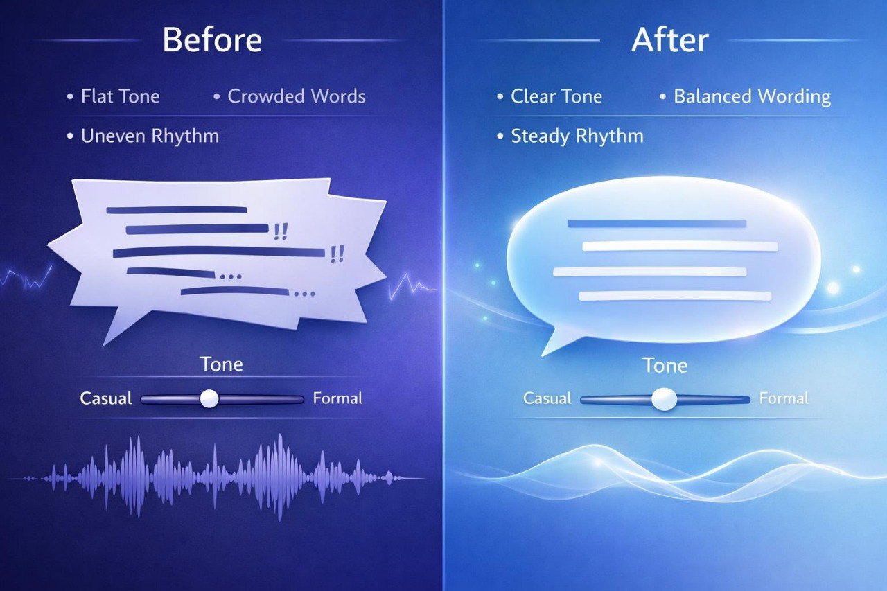 Before and after comparison of text formatting on a blue background