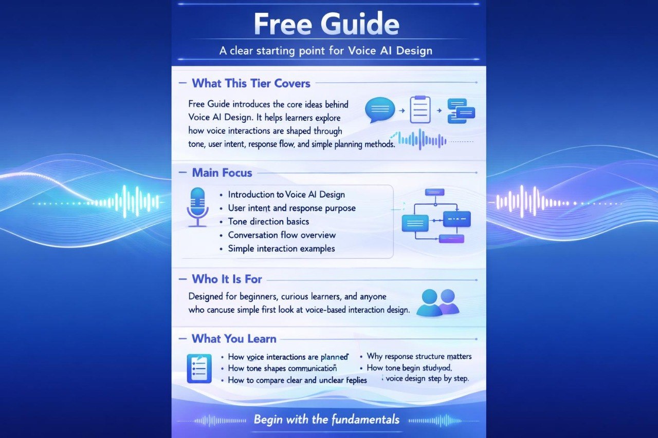 Free guide on Voice AI Design with blue and white design elements