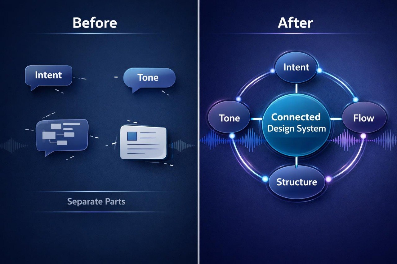 Before and after comparison of a design system concept on a dark blue background.
