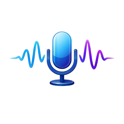 Blue microphone icon with sound waves on a white background