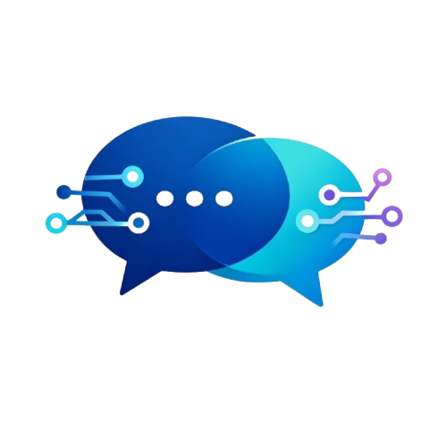 Two blue speech bubbles with digital circuit elements on a white background