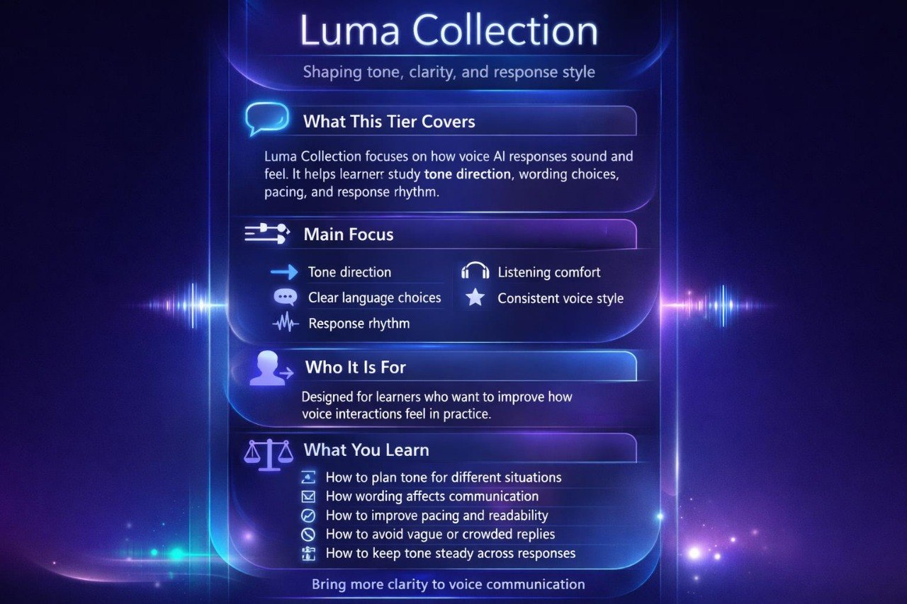 Luma Collection product description with blue and purple gradient background