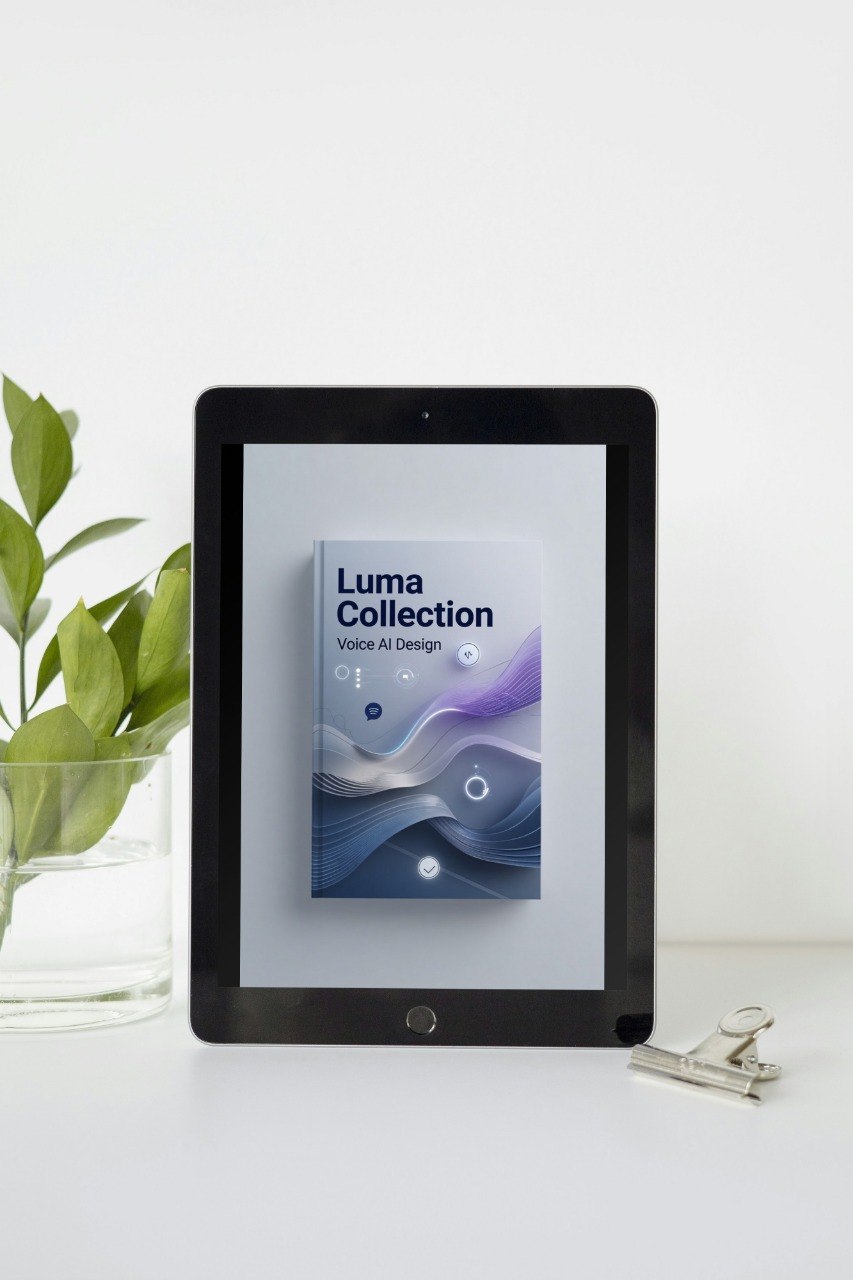 Tablet displaying 'Luma Collection' on a white surface with a plant in the background