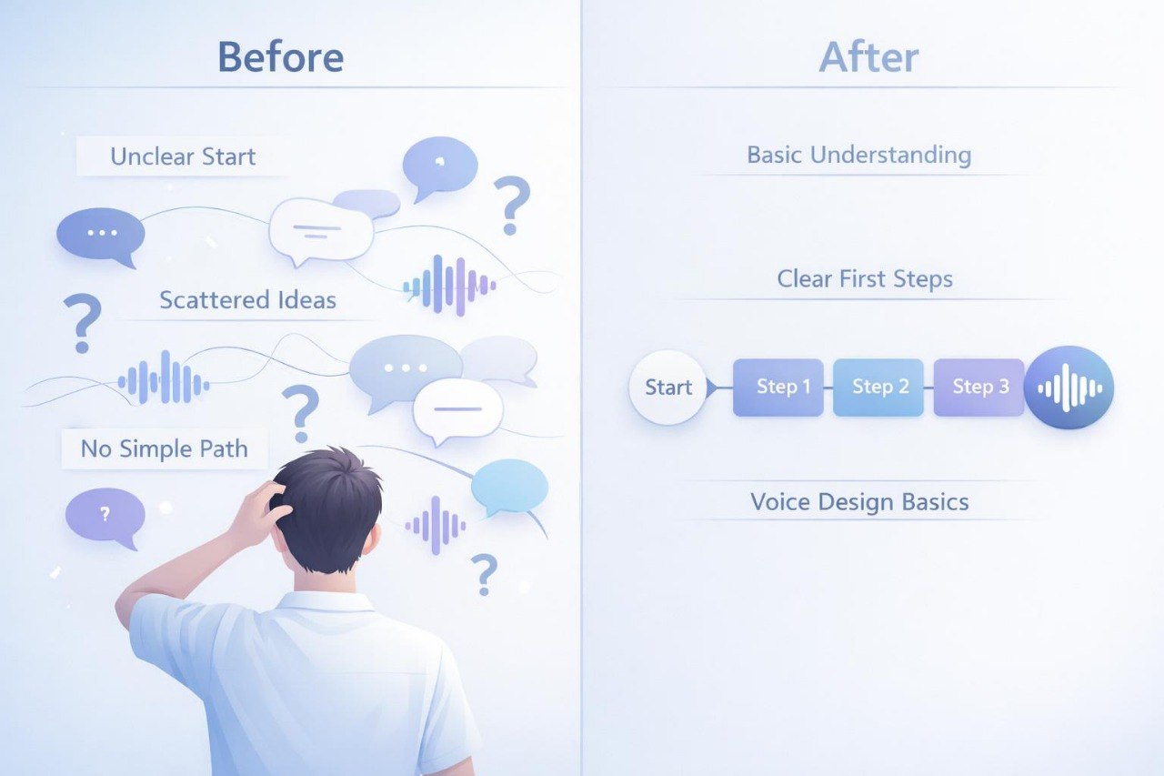 Before and after comparison of a person struggling with unclear ideas and a clear, step-by-step guide on voice design.