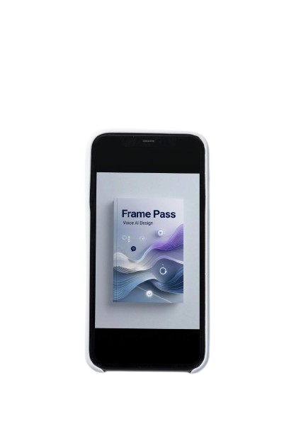 Smartphone displaying a 'Frame Pass' app on a white background
