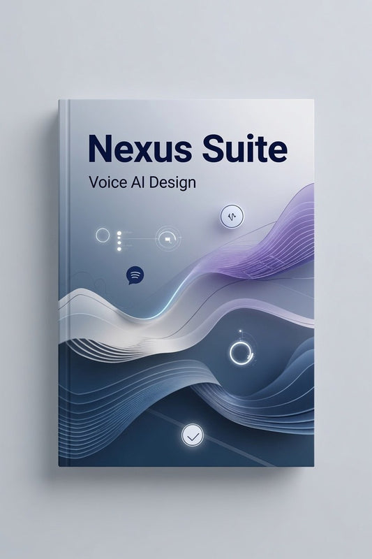 Book titled 'Nexus Suite Voice AI Design' with futuristic design elements on a gray background