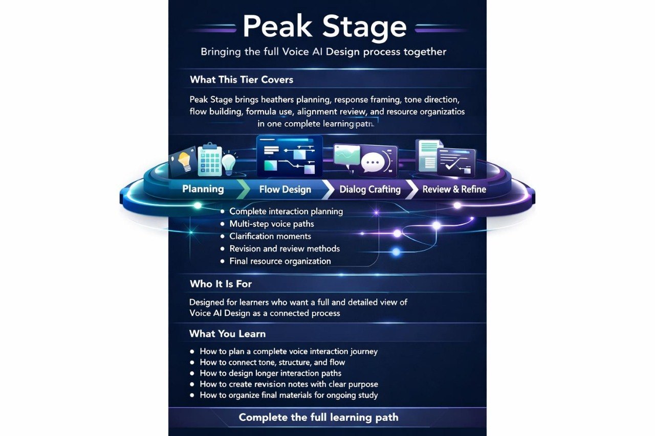 Diagram of Peak Stage in Voice AI Design process with text and icons on a blue background