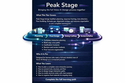 Diagram of Peak Stage in Voice AI Design process with text and icons on a blue background