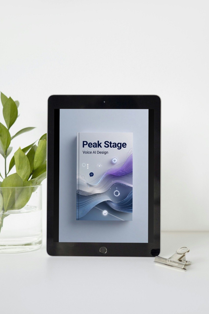 Tablet displaying 'Peak Stage' on a white surface with a plant in the background