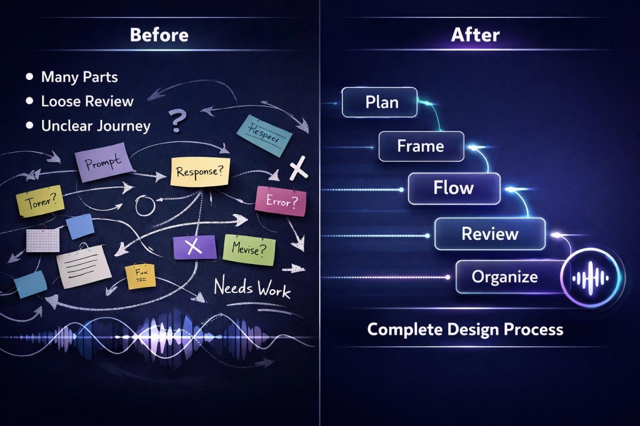 Before and after comparison of a complex design process diagram on a dark background.