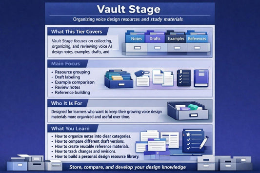 Diagram of a 'Vault Stage' for organizing voice design resources on a blue background