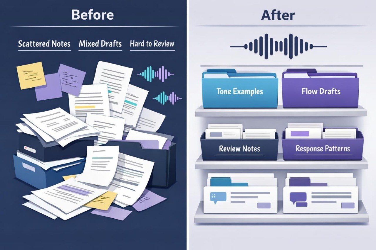 Comparison of scattered notes and drafts on the left with organized folders and labeled sections on the right.