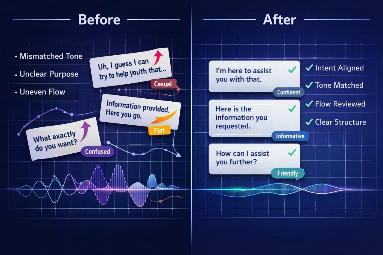Before and after comparison of conversational flows with text boxes and icons on a blue background.